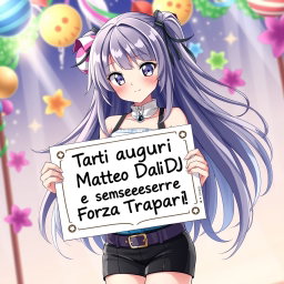 A captivating anime waifu with long, flowing hair and striking, expressive eyes, stands confidently, holding a beautifully designed sign that says 'Tanti auguri Matteo Davi DJ e sempre Forza Trapani Shark!!'