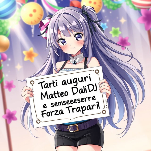 A captivating anime waifu with long, flowing hair and striking, expressive eyes, stands confidently, holding a beautifully designed sign that says 'Tanti auguri Matteo Davi DJ e sempre Forza Trapani Shark!!'