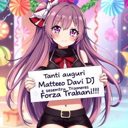 A captivating anime waifu with long, flowing hair and striking, expressive eyes, stands confidently, holding a beautifully designed sign that says 'Tanti auguri Matteo Davi DJ e sempre Forza Trapani Shark!!'