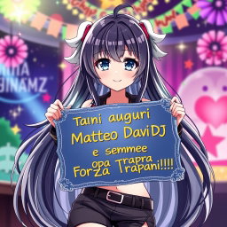 A captivating anime waifu with long, flowing hair and striking, expressive eyes, stands confidently, holding a beautifully designed sign that says 'Tanti auguri Matteo Davi DJ e sempre Forza Trapani Shark!!'