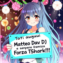 A captivating anime waifu with long, flowing hair and striking, expressive eyes, stands confidently, holding a beautifully designed sign that says 'Tanti auguri Matteo Davi DJ e sempre Forza Trapani Shark!!'