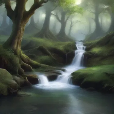 In the mystical realm of Elindor, a rivulet flows with magical water that grants eternal youth to those who drink from it.