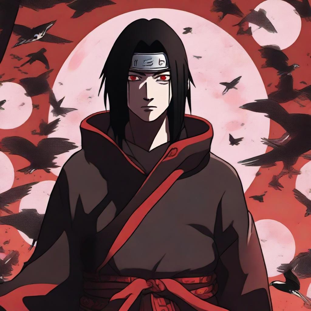 Itachi Uchiha, a legendary character from Naruto, standing solemnly in his Akatsuki robe, magpies swirling in the background against a full moon. His Sharingan eyes are glowing in the dark.