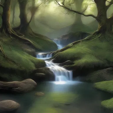 In the mystical realm of Elindor, a rivulet flows with magical water that grants eternal youth to those who drink from it.