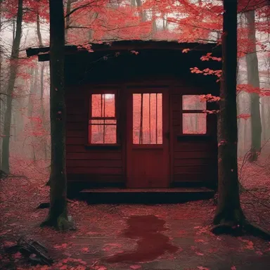 The deserted cabin in the woods was surrounded by eerie silence, except for the blood-red rivulet that streamed through the floorboards.