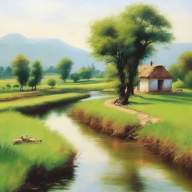 The painter skillfully captured the peaceful scenery with a rivulet meandering through the lush green fields.