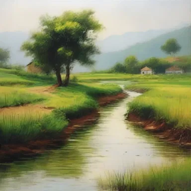 The painter skillfully captured the peaceful scenery with a rivulet meandering through the lush green fields.
