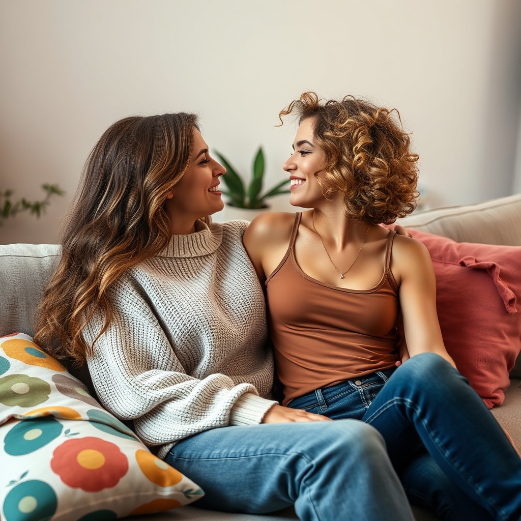 A romantic scene depicting a loving lesbian couple, sitting closely together on a cozy couch in a softly lit room