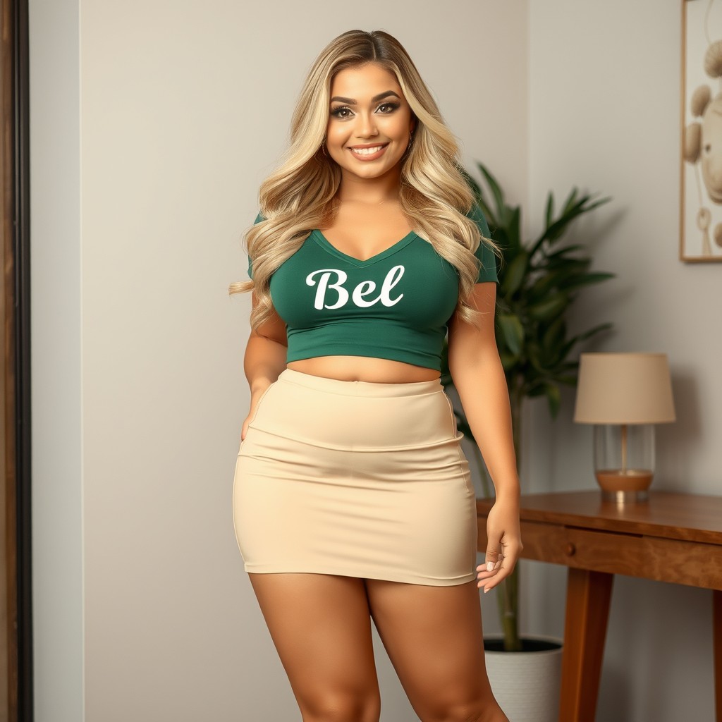 A cute and curvy woman with balanced proportions, a softly defined waist, and a gentle belly