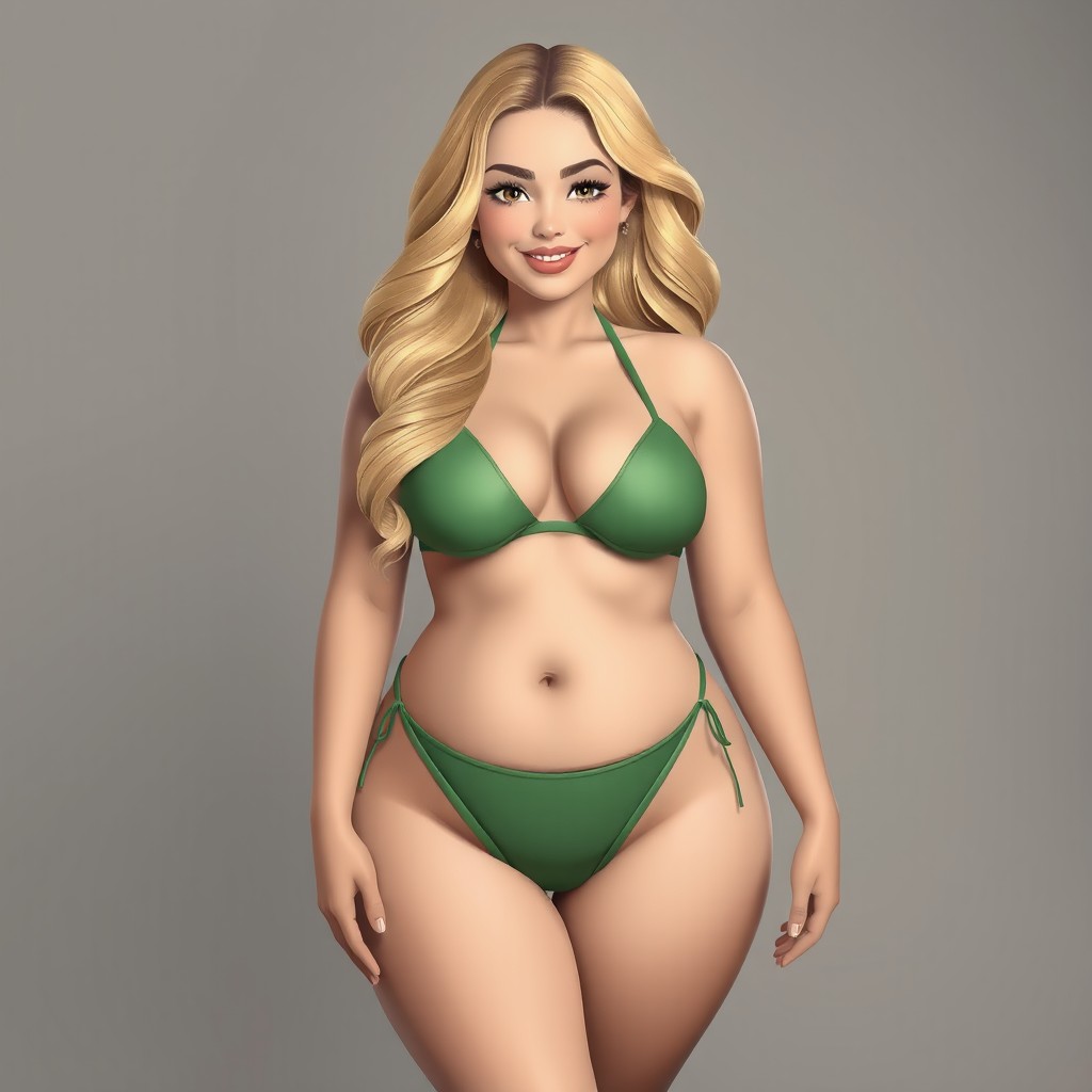 A cute and curvy woman with balanced proportions, a softly defined waist, and a gentle belly