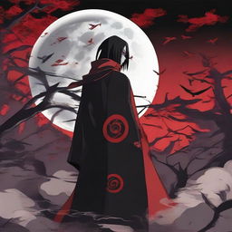 Itachi Uchiha, a legendary character from Naruto, standing solemnly in his Akatsuki robe, magpies swirling in the background against a full moon. His Sharingan eyes are glowing in the dark.