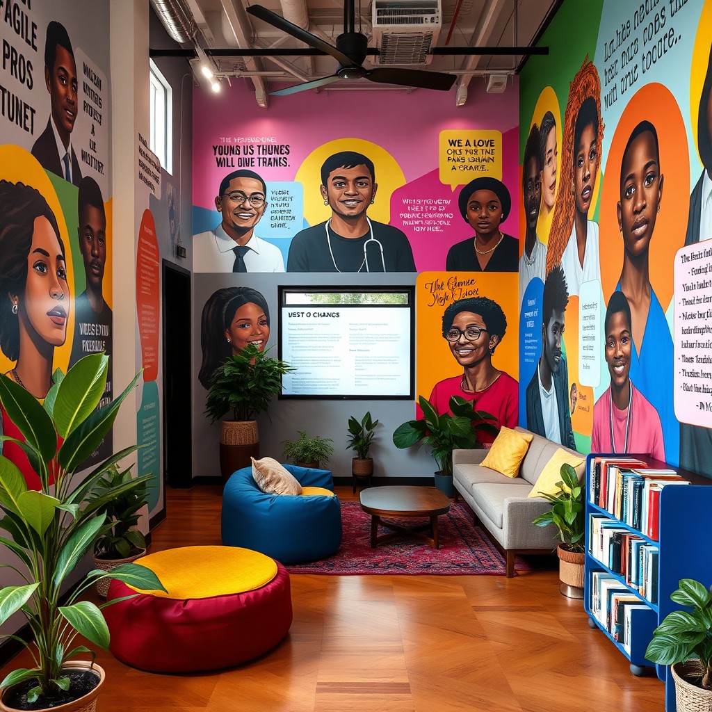 A vibrant and inspiring memory space designed for a youth house in Colombia, showcasing influential young figures and recognized characters who have inspired change