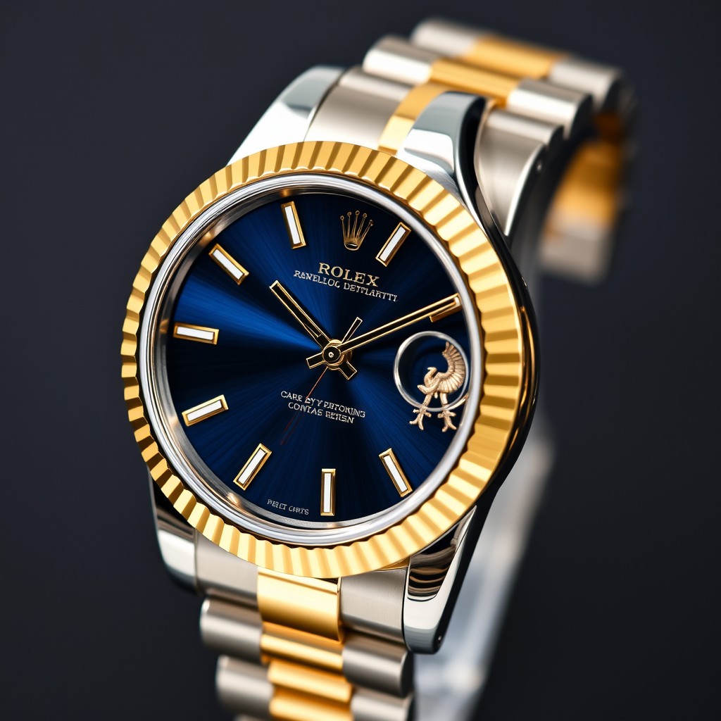 A luxurious two-toned watch reminiscent of the Rolex Datejust, featuring a gleaming gold and silver stainless steel band