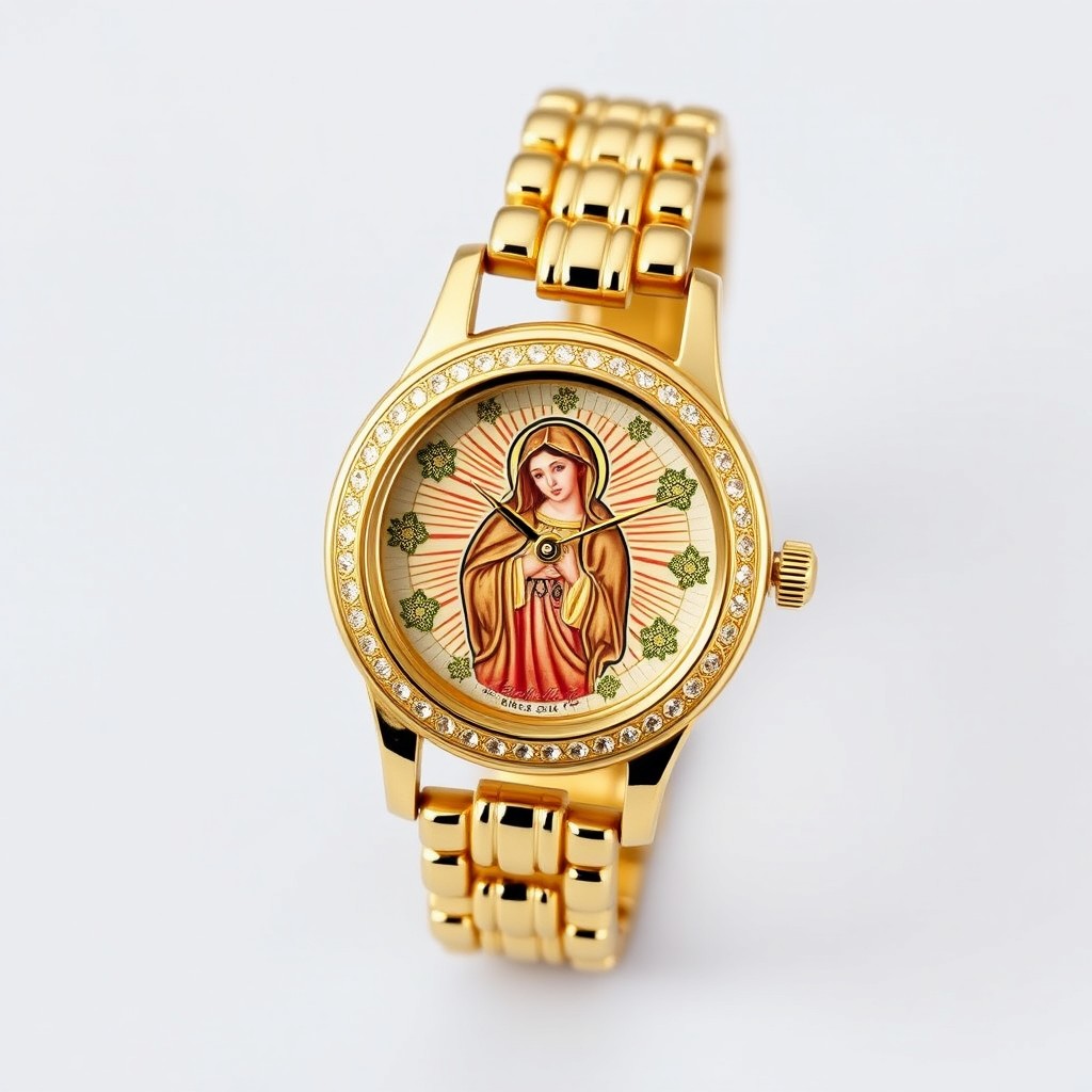 A stunning women's gold watch featuring an intricate dial that portrays an artistic rendering of the Blessed Virgin Mary