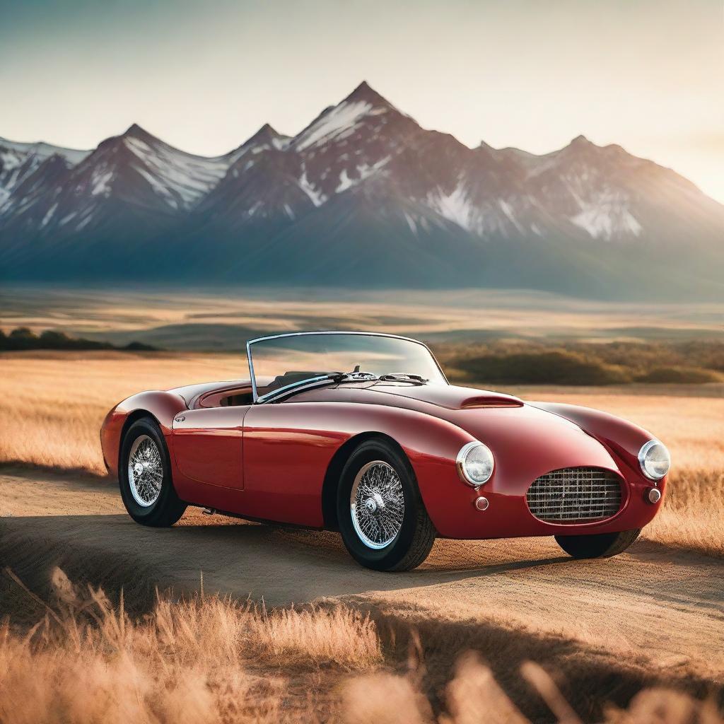 A red, vintage sports car parked in an open, sunlit field with mountains and a sunset in the backdrop