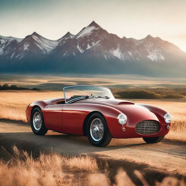 A red, vintage sports car parked in an open, sunlit field with mountains and a sunset in the backdrop