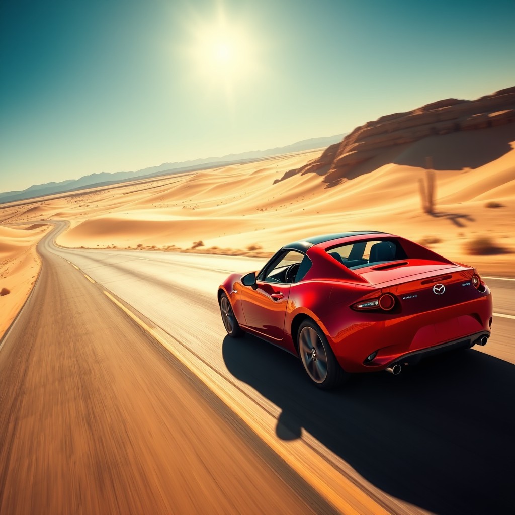 A sleek, bright red Mazda MX-5 sports car speeding down a wide, winding desert highway, surrounded by vast stretches of golden sand dunes under a clear blue sky