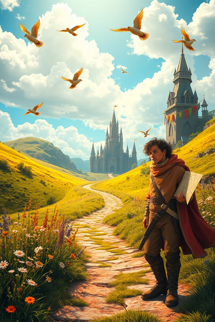 An enchanting fantasy landscape featuring a majestic kingdom in the distance, surrounded by lush green hills and wildflowers
