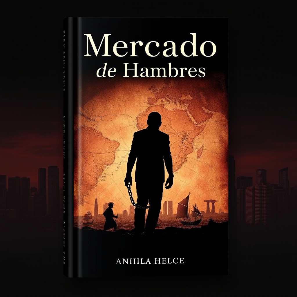 A captivating book cover for an essay titled 'Mercado de Hombres' (Market of Men), depicting the theme of slavery from its origins to the 21st century