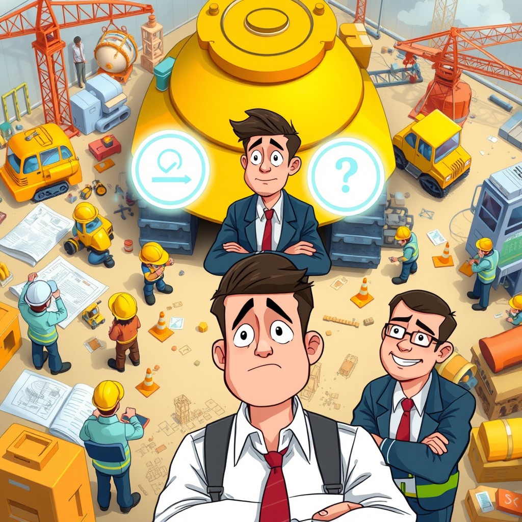 An animated-style scene depicting a project manager at a tank construction site