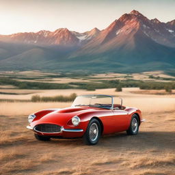 A red, vintage sports car parked in an open, sunlit field with mountains and a sunset in the backdrop