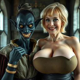 In a medieval room, a sinister woman with very dark black skin, appearing malnourished at around 30 years old, stands with a low stature