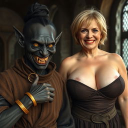 In a medieval room, a sinister woman with very dark black skin, appearing malnourished at around 30 years old, stands with a low stature
