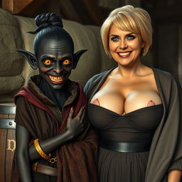 Next to a barrel in a medieval room, a young sinister woman with very dark black skin appears malnourished at around 30 years old, standing at a low height