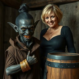 Next to a barrel in a medieval room, a young sinister woman with very dark black skin appears malnourished at around 30 years old, standing at a low height