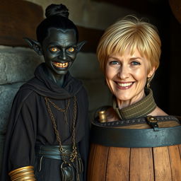 Next to a barrel in a medieval room, a sinister young woman with very dark black skin, appearing malnourished at around 30 years old, stands at a low height