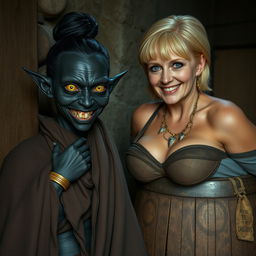 Next to a barrel in a medieval room, a sinister young woman with very dark black skin, appearing malnourished at around 30 years old, stands at a low height