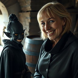 Next to a barrel in a medieval room, a sinister young woman with very dark black skin, appearing malnourished at around 30 years old, stands at a low height