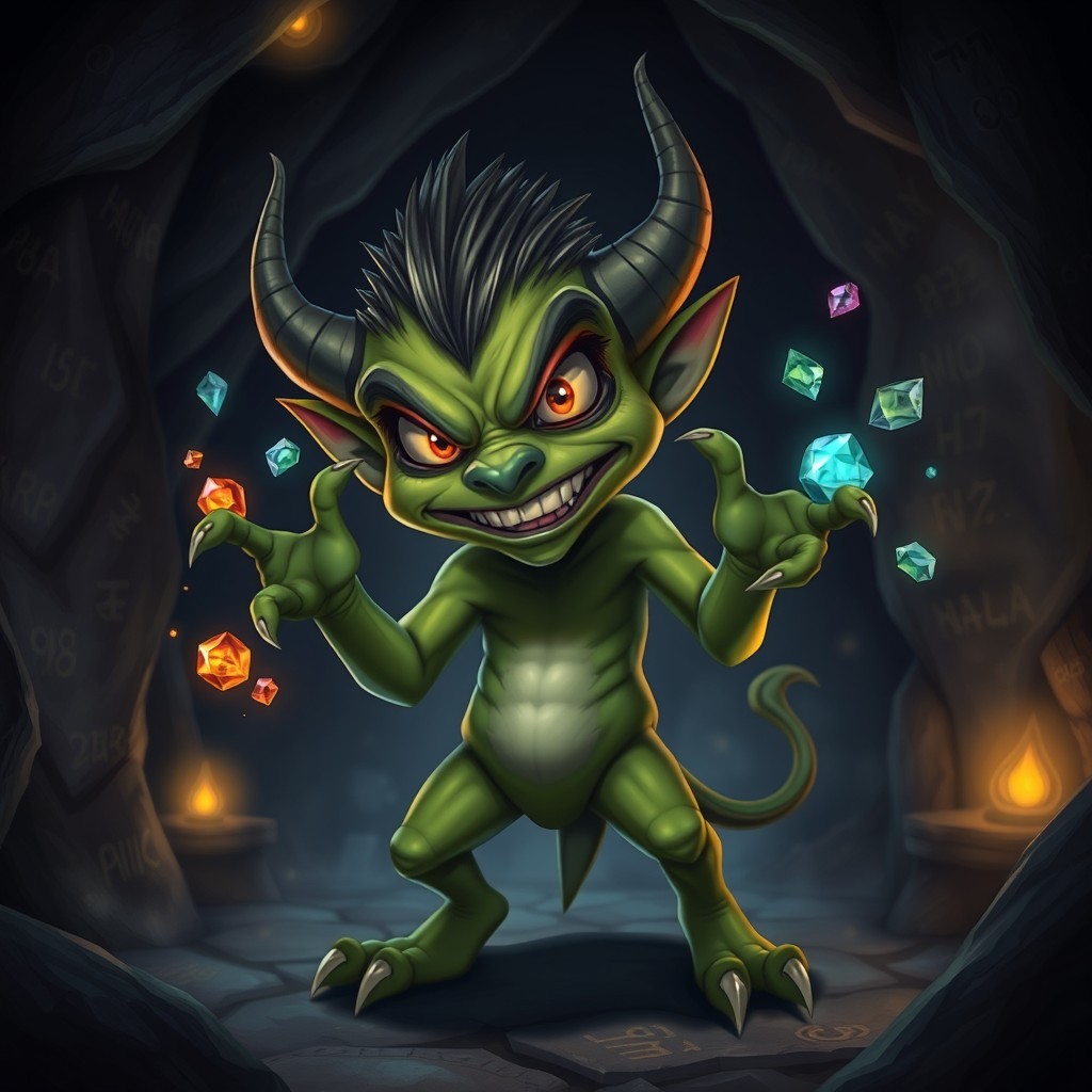 A spiky impish demon with vibrant green skin and sharp angular features, standing confidently in a dark, mysterious cave adorned with glowing gemstone accents