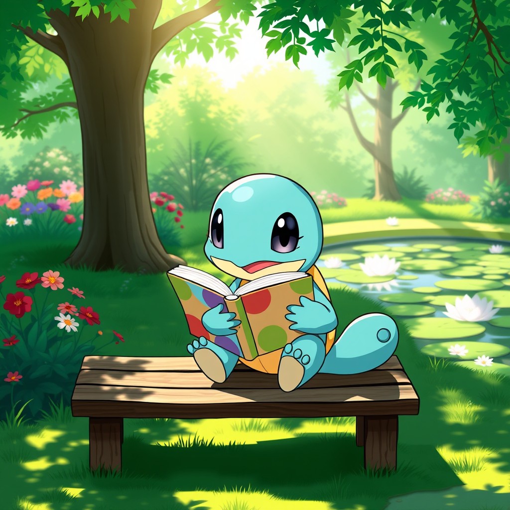 A cute, cartoon-style Squirtle sitting on a wooden bench in a lush, green park, intently reading a colorful book