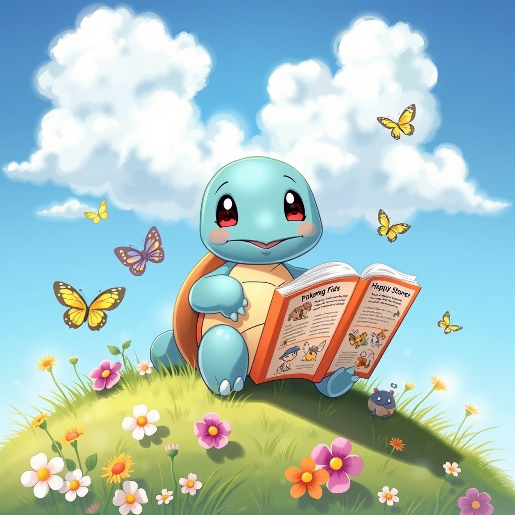 A delightful, cartoon-style Squirtle perched on a grassy hill, engrossed in a large, colorful book