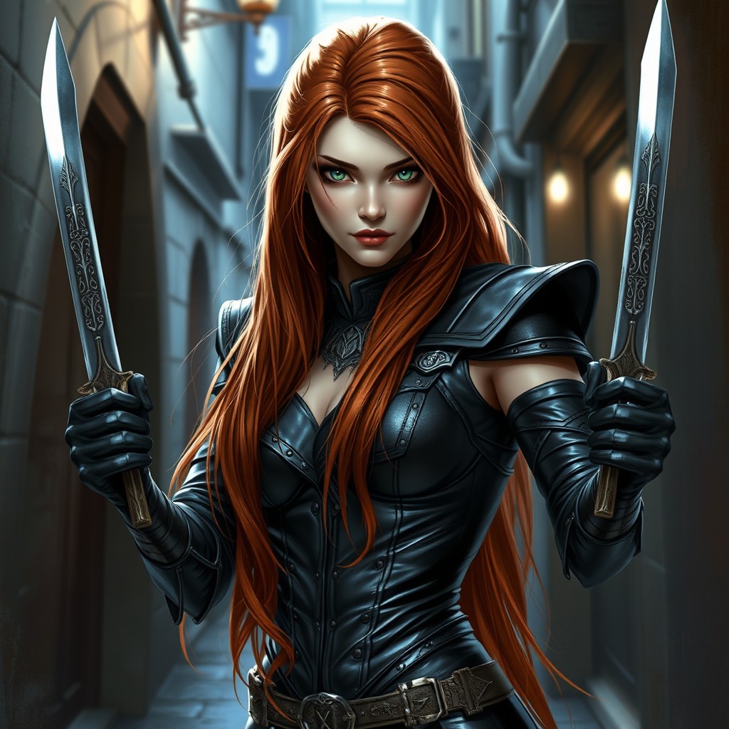 A female Umbral human rogue with long auburn hair cascading down her back