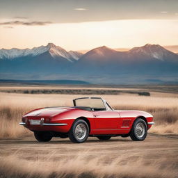 A red, vintage sports car parked in an open, sunlit field with mountains and a sunset in the backdrop