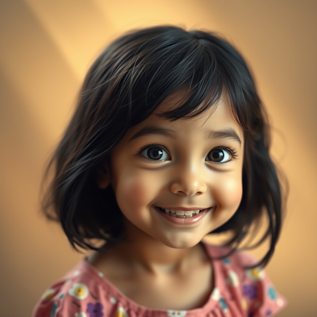 A portrait of a young girl with black hair and black eyes, looking curious and cheerful