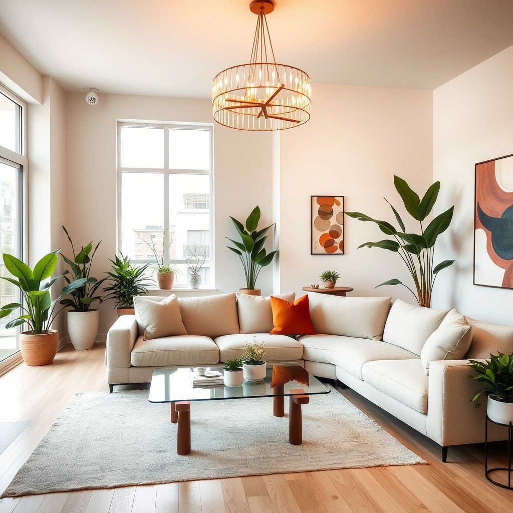 A modern living room with a cozy atmosphere, featuring a contemporary layout and stylish furnishings