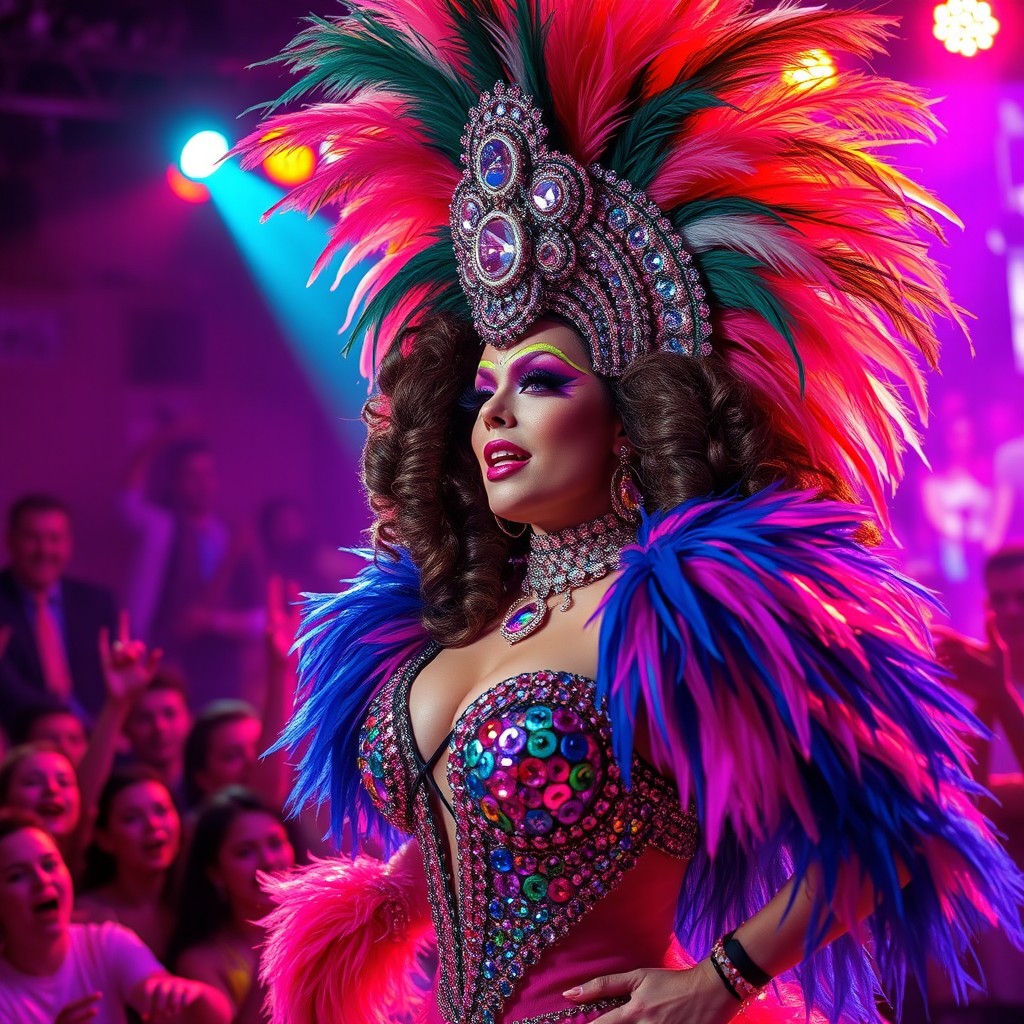 An artistic portrayal of a travesti performer captivating an audience with a stunning drag performance