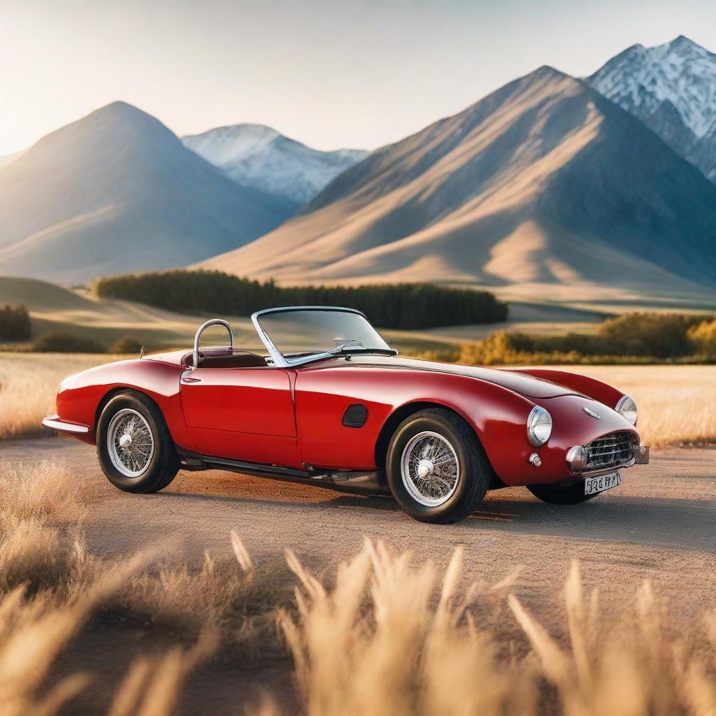 A red, vintage sports car parked in an open, sunlit field with mountains and a sunset in the backdrop