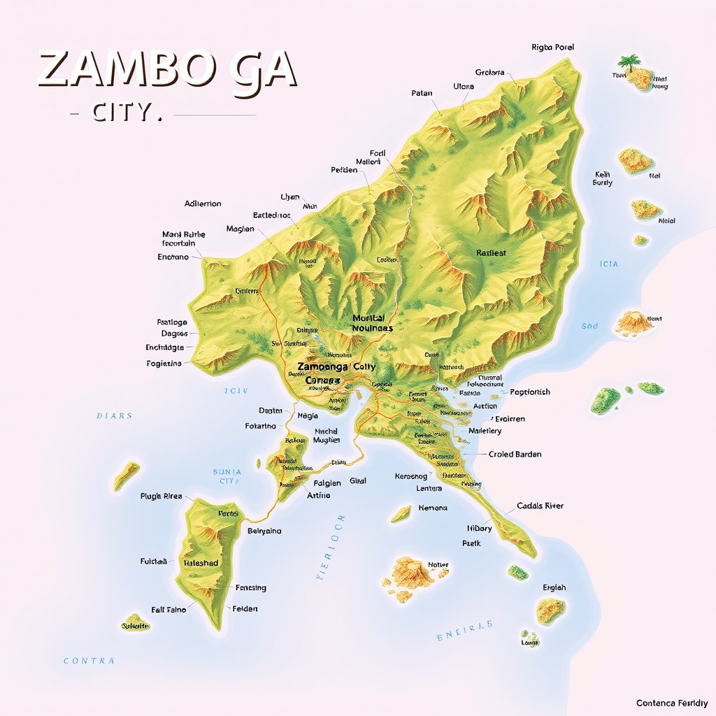A detailed and colorful map of Zamboanga City, featuring clearly labeled landforms such as mountains, rivers, and islands