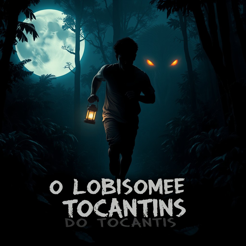 A scene capturing the moment of panic as a young adult male is being hunted by a supernatural entity in the darkness of a dense Brazilian forest at night