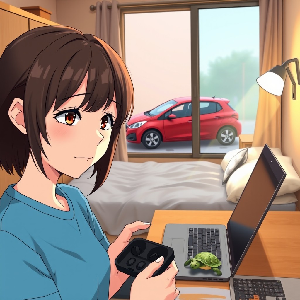 A cozy dorm room scene in anime/manga style, featuring a girl with dark brown hair and brown eyes, sporting a slightly tired expression and a gap between her front teeth