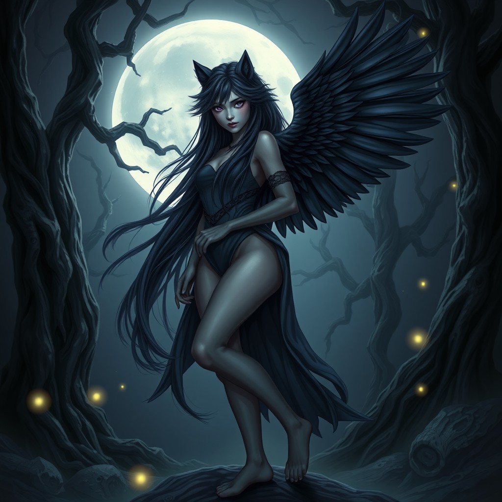 A beautiful werewolf-girl that transforms into a raven, featuring long black hair flowing elegantly and captivating violet eyes that shimmer with mystery