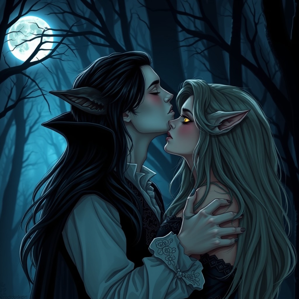 A romantic scene between a vampire boy and a werewolf girl, featuring the vampire with pale skin, fangs showing slightly as he leans in to kiss the werewolf girl, who has animalistic features such as pointed ears and sharp claws