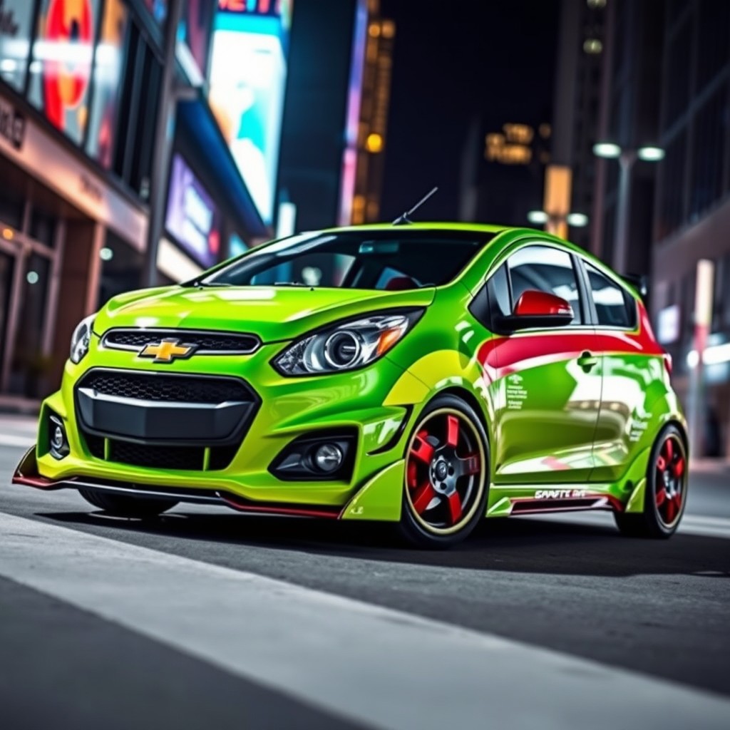 A vibrant Chevrolet Sprint car with a striking body kit, showcasing an aggressive and sporty design