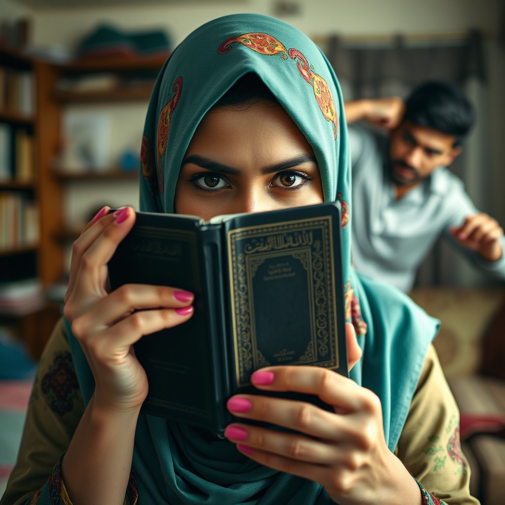 A beautiful Muslim woman wearing a vibrant hijab, holding a Quran in front of her face as a shield