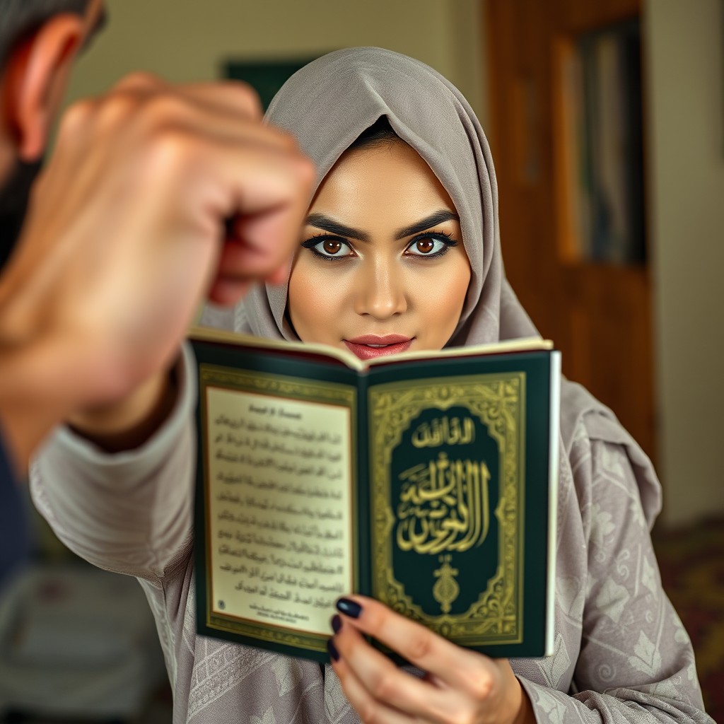 A pretty Muslim woman wearing a beautifully patterned hijab, with a look of determination on her face as she holds up a Quran in front of her to block a man's fist