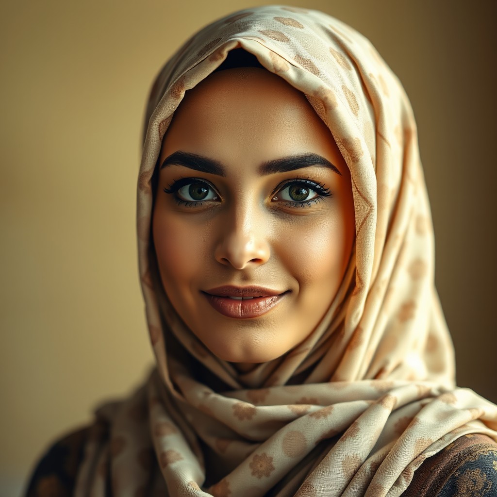 A portrait of a pretty Muslim woman wearing a beautifully patterned hijab, her expression reflecting resilience despite having a visible black eye